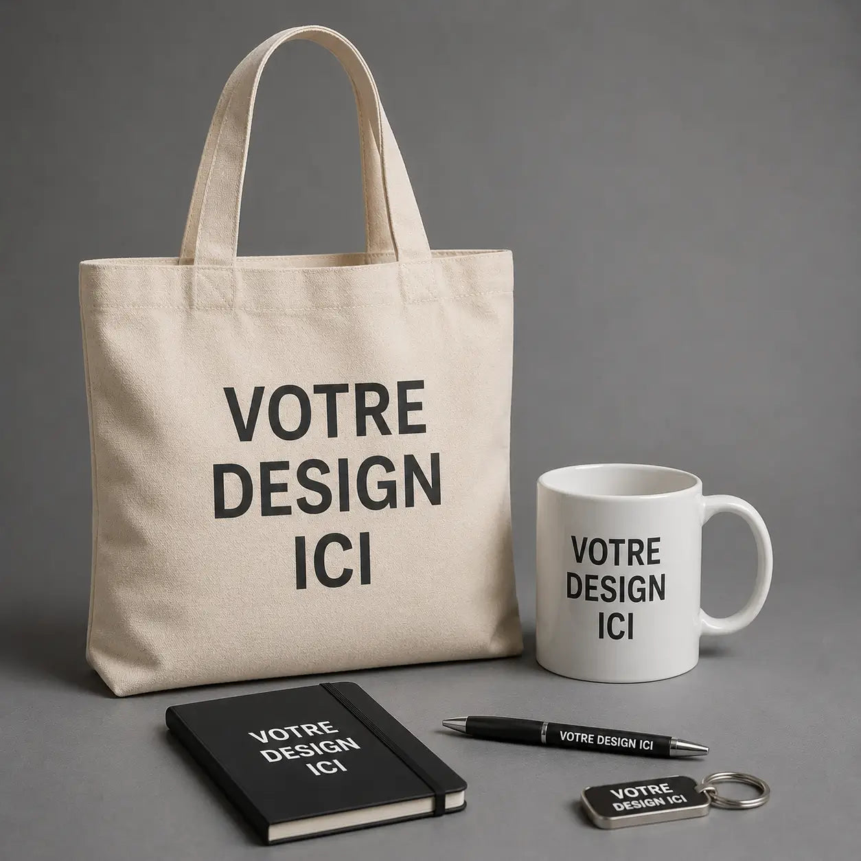 Accessoires personnalisés incluant sac fourre-tout tasse carnet et porte-clés - Ucraft