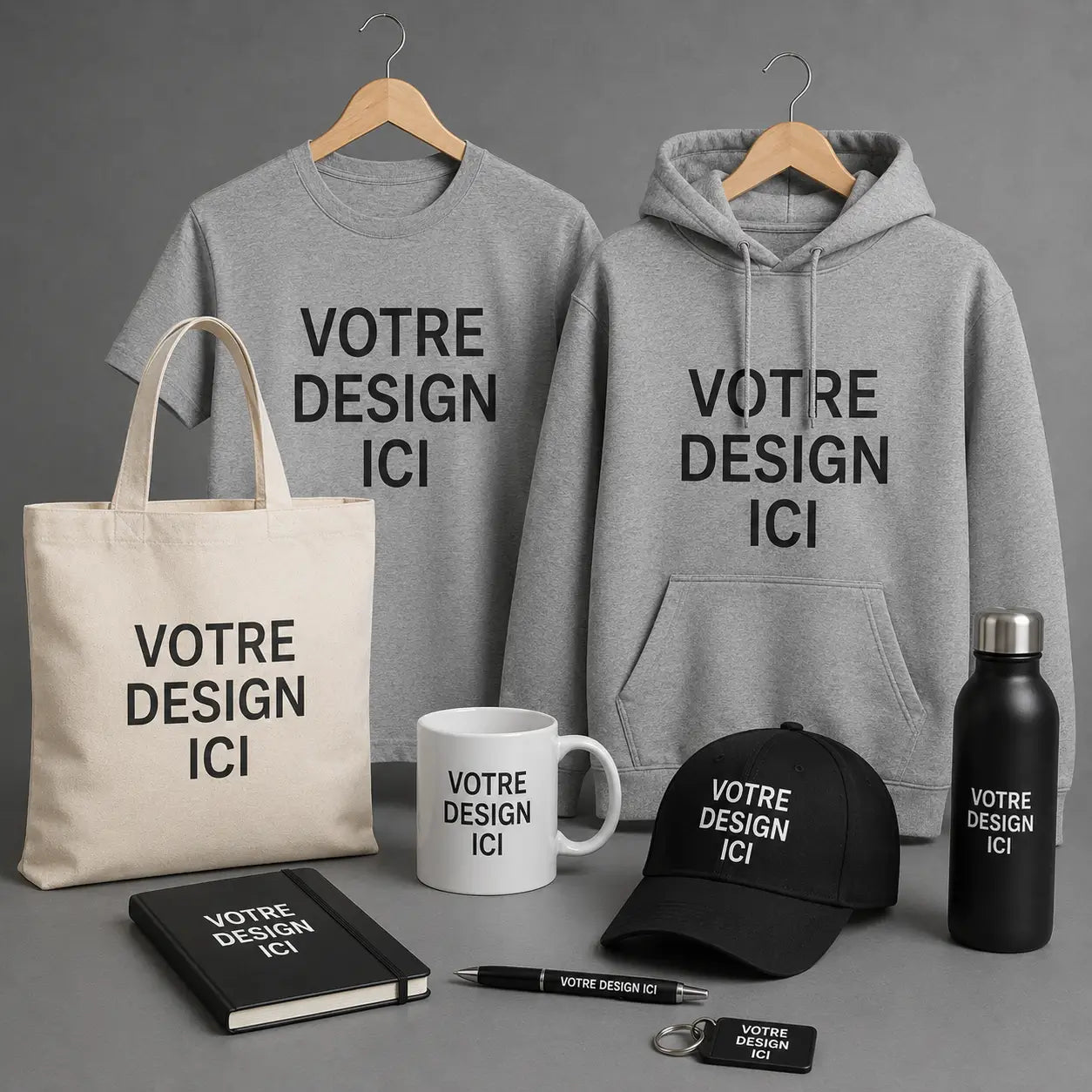 Collection de produits personnalisables incluant t-shirt hoodie casquette tasse et sac - Ucraft