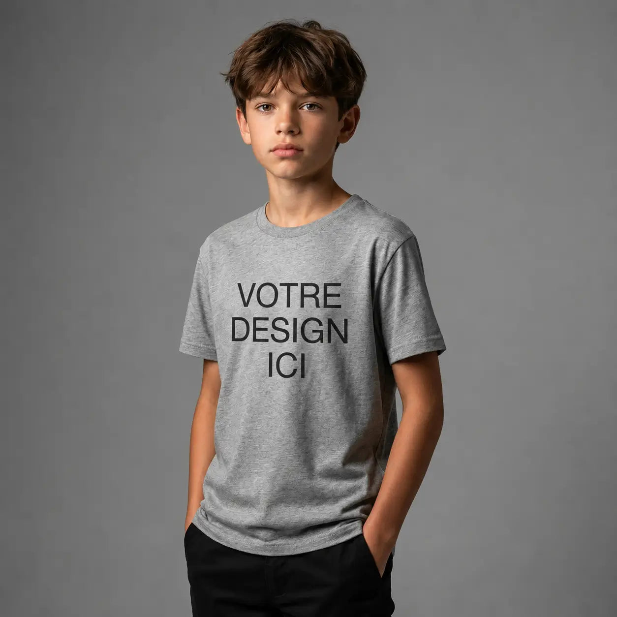 Enfant portant un t-shirt personnalisé gris avec votre design ici - Ucraft