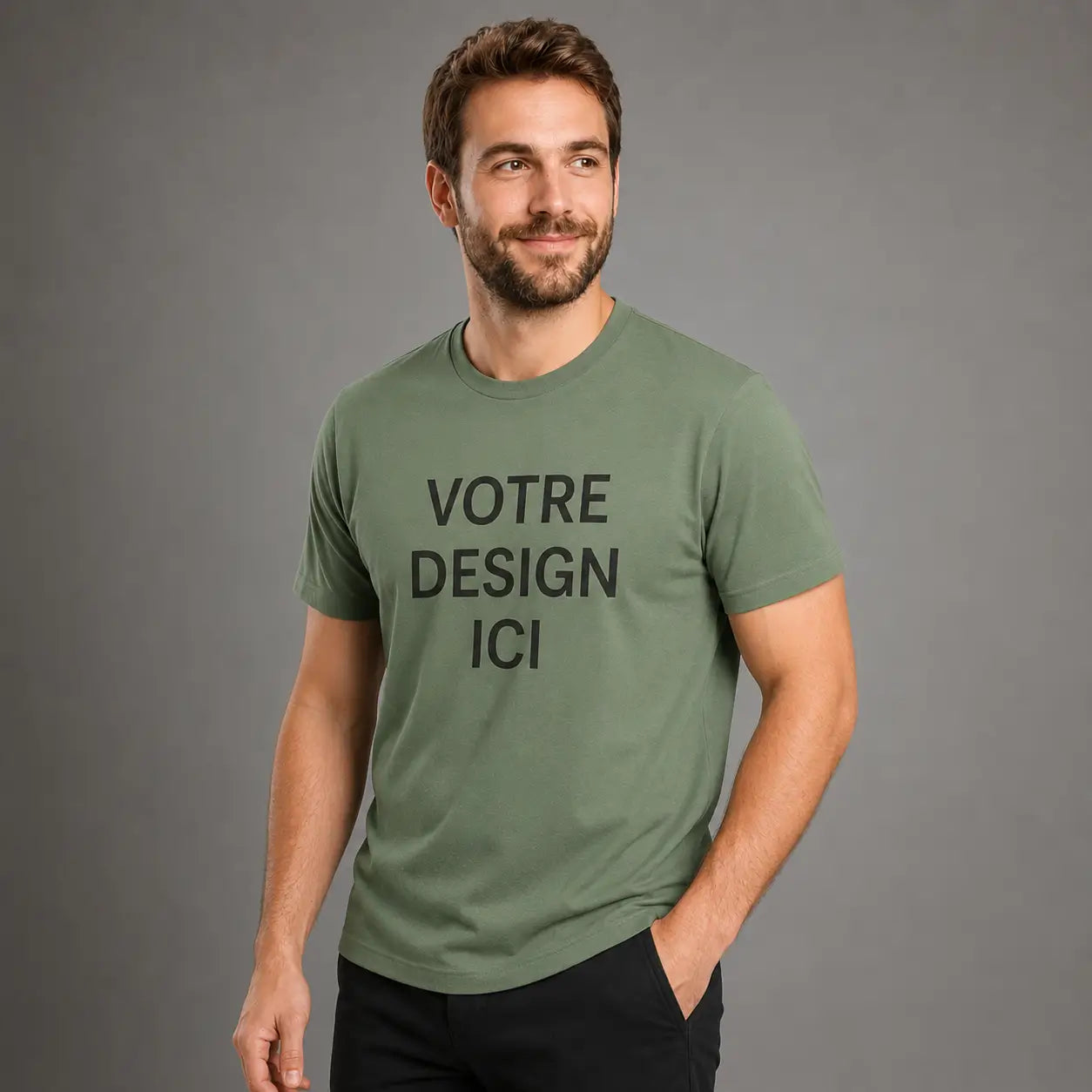 Mockup t-shirt personnalisé homme vert militaire avec impression personnalisable pour boutique UCraft