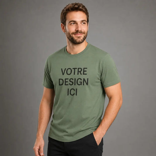 Mockup t-shirt personnalisé homme vert militaire avec impression personnalisable pour boutique UCraft