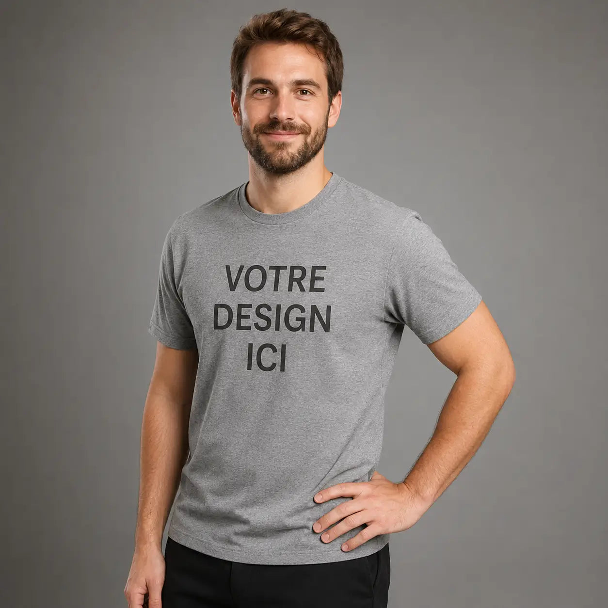 Homme portant un t-shirt personnalisé gris avec votre design ici - Ucraft