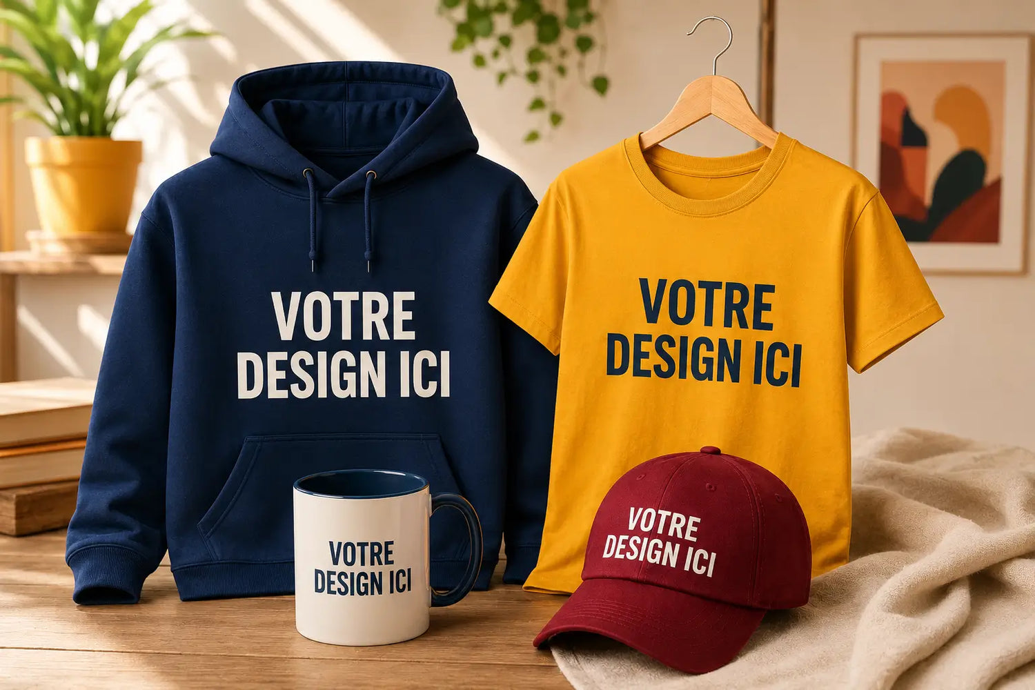 Produits personnalisés Ucraft avec hoodie t-shirt casquette et tasse dans une mise en scène lifestyle chaleureuse